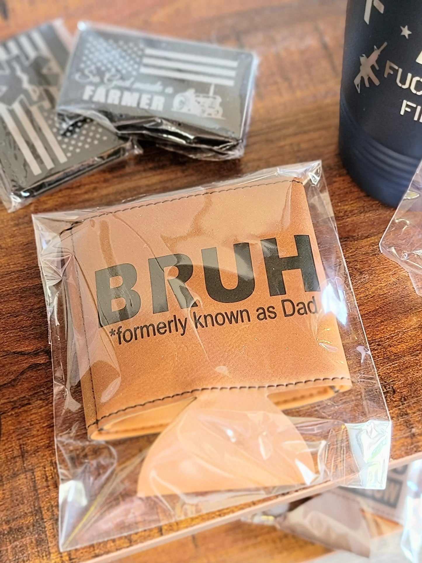 Bruh Dad vegan leather can coozie, funny laser engraved beer koozie for dad by The Burn Shack