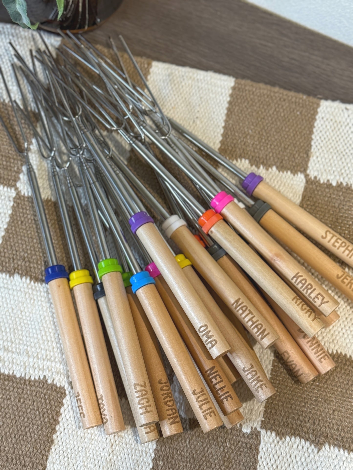Custom-engraved wood-handle BBQ skewer set