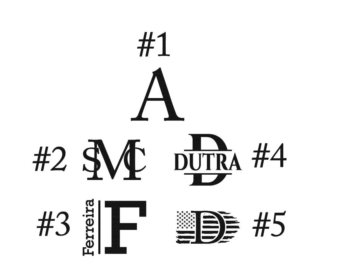 Five custom monogram logo designs with initials and text examples on a white background.