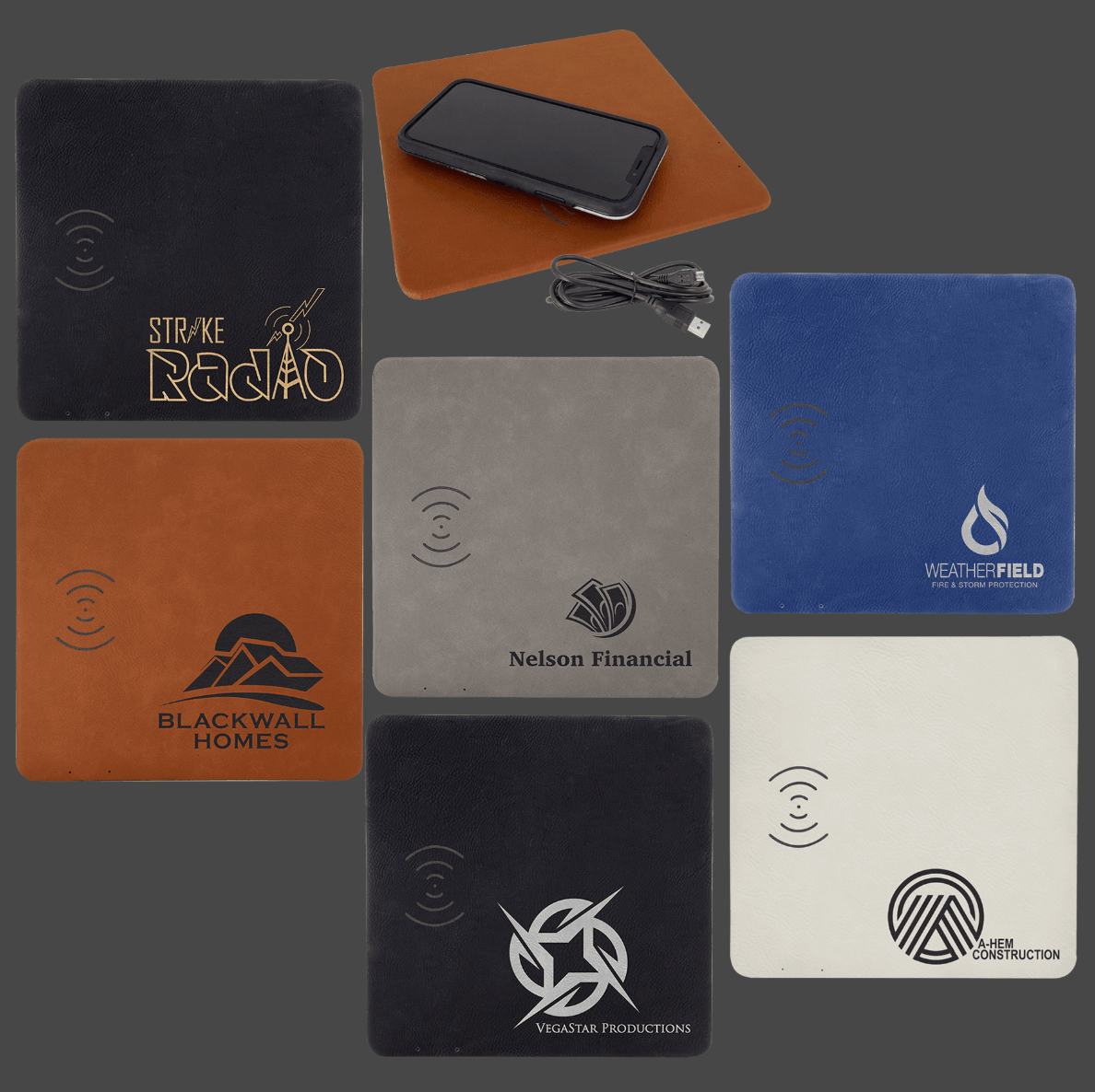 Vegan Leather Wireless Phone Charging Mat | Custom Engraved 8x8 Corporate Gift