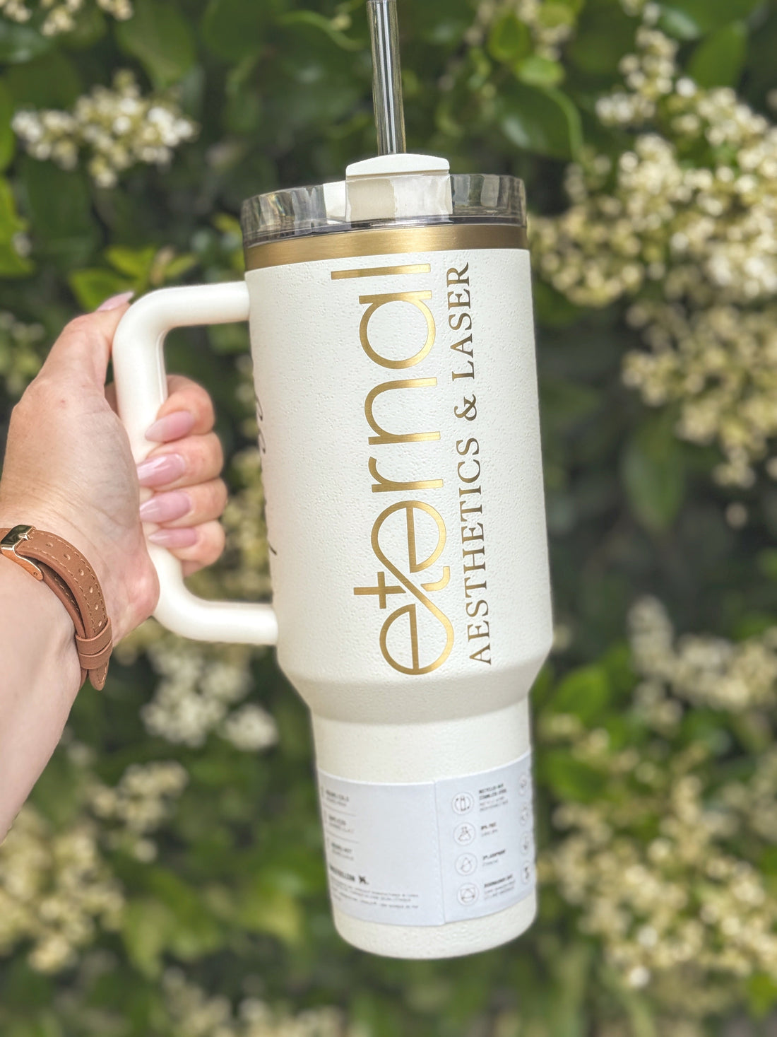 Custom laser engraved Stanley tumbler — engraved vs UV printed personalized drinkware from The Burn Shack, Denair CA