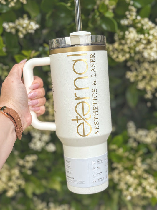 Custom laser engraved Stanley tumbler — engraved vs UV printed personalized drinkware from The Burn Shack, Denair CA