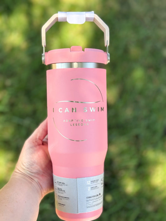 Custom pink laser engraved Stanley water bottle with business logo — corporate employee gift from The Burn Shack, Denair CA