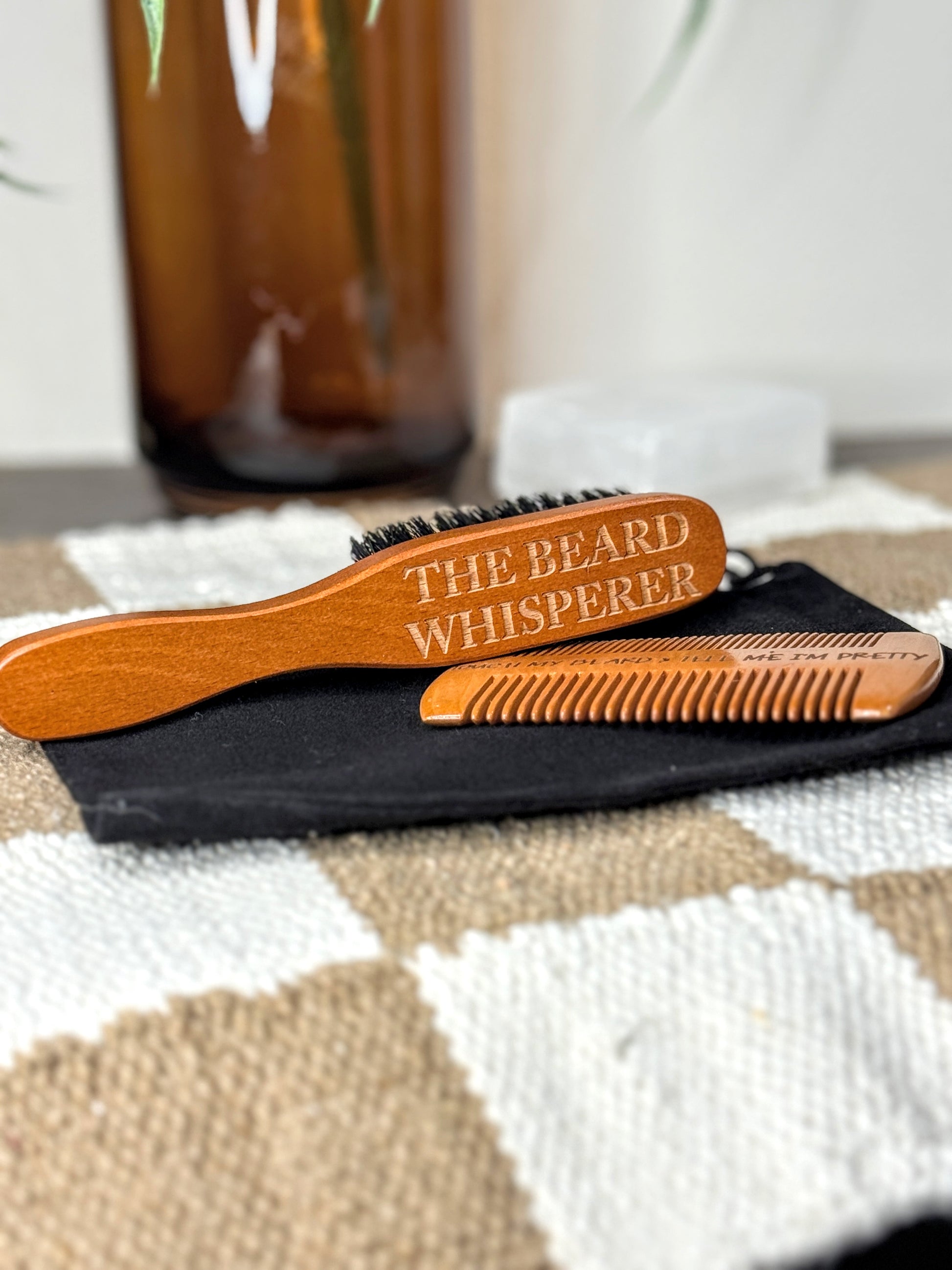 Engraved beard comb and brush set styled with velvet gift bag