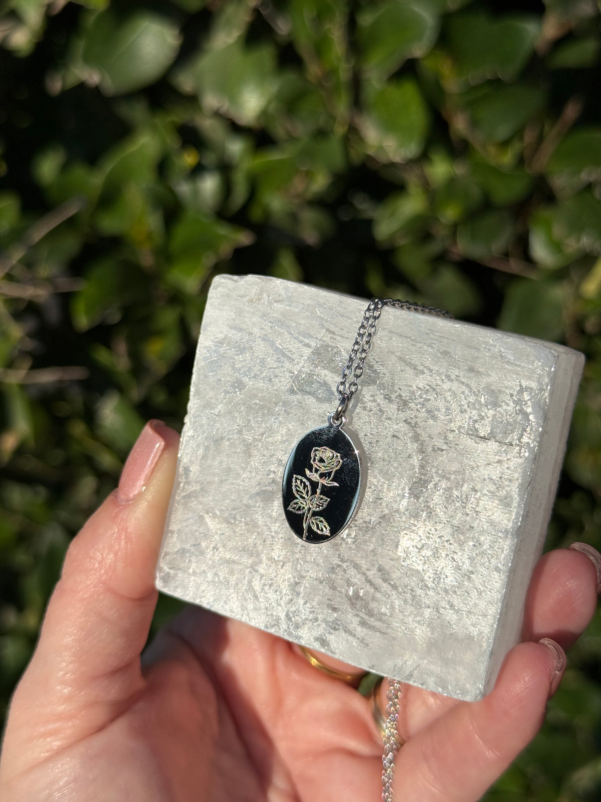 Personalized oval charm necklace gift presentation