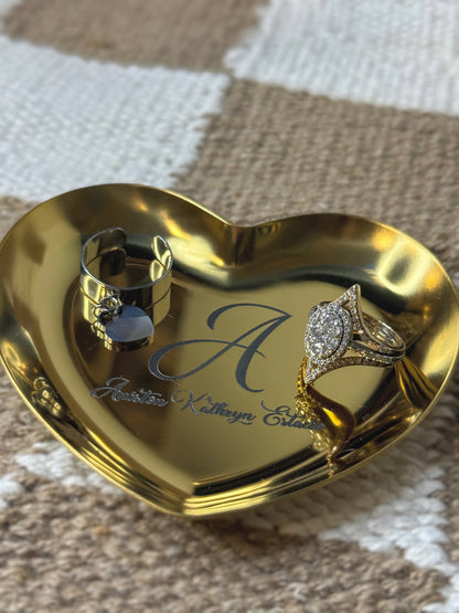 Close-up of laser engraving on heart-shaped stainless steel trinket tray — The Burn Shack, Denair, CA
