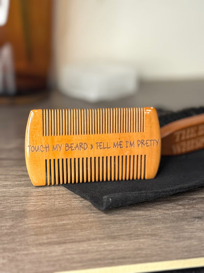 Custom engraved wood beard comb and brush set in gift case