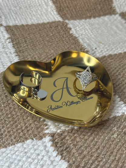 Personalized heart-shaped stainless steel trinket tray engraved with name — gold finish, handmade in Denair, CA