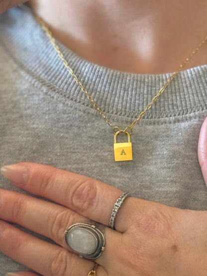 Dainty engraved lock necklace personalized with initial