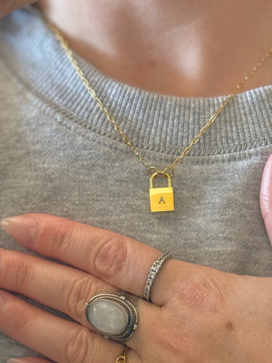 Dainty engraved lock necklace personalized with initial