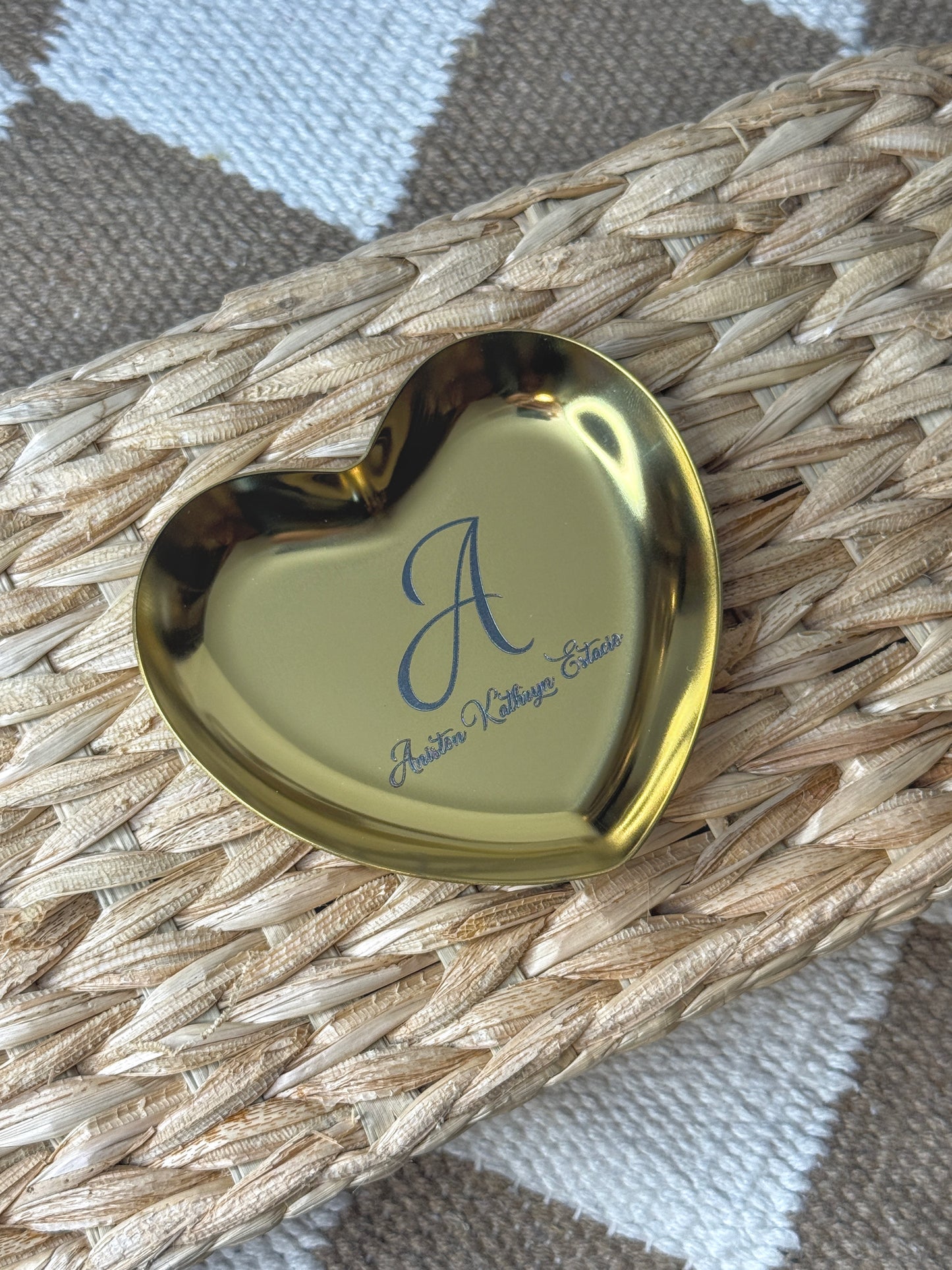 Custom engraved gold heart trinket tray — personalized jewelry dish gift for her from The Burn Shack