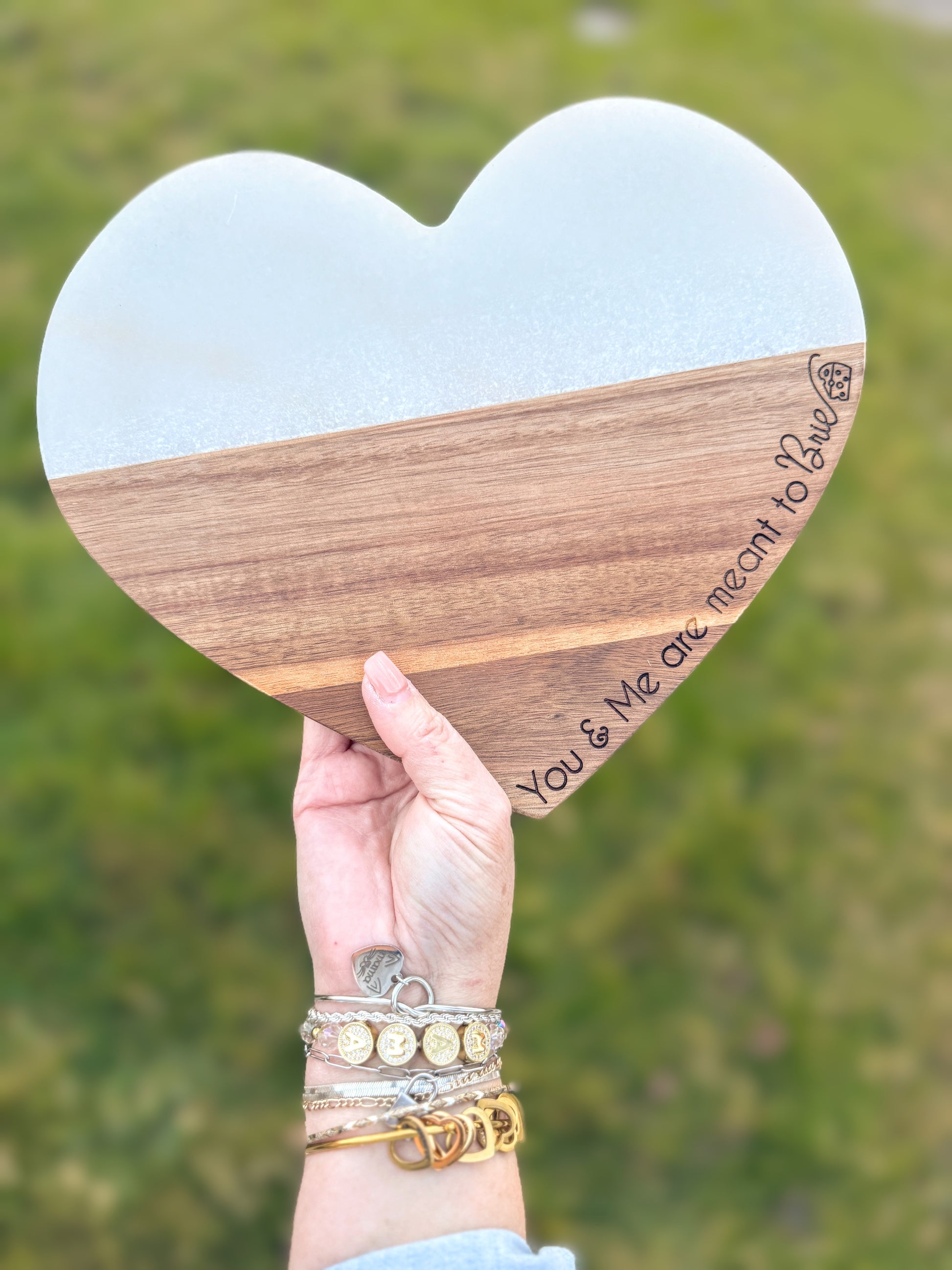 You & Me are meant to Brie - acacia and marble heart cheese board