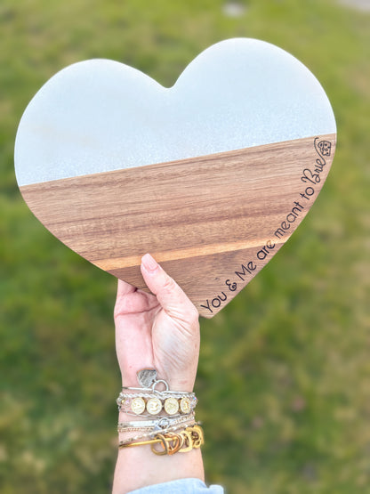 You & Me are meant to Brie - acacia and marble heart cheese board