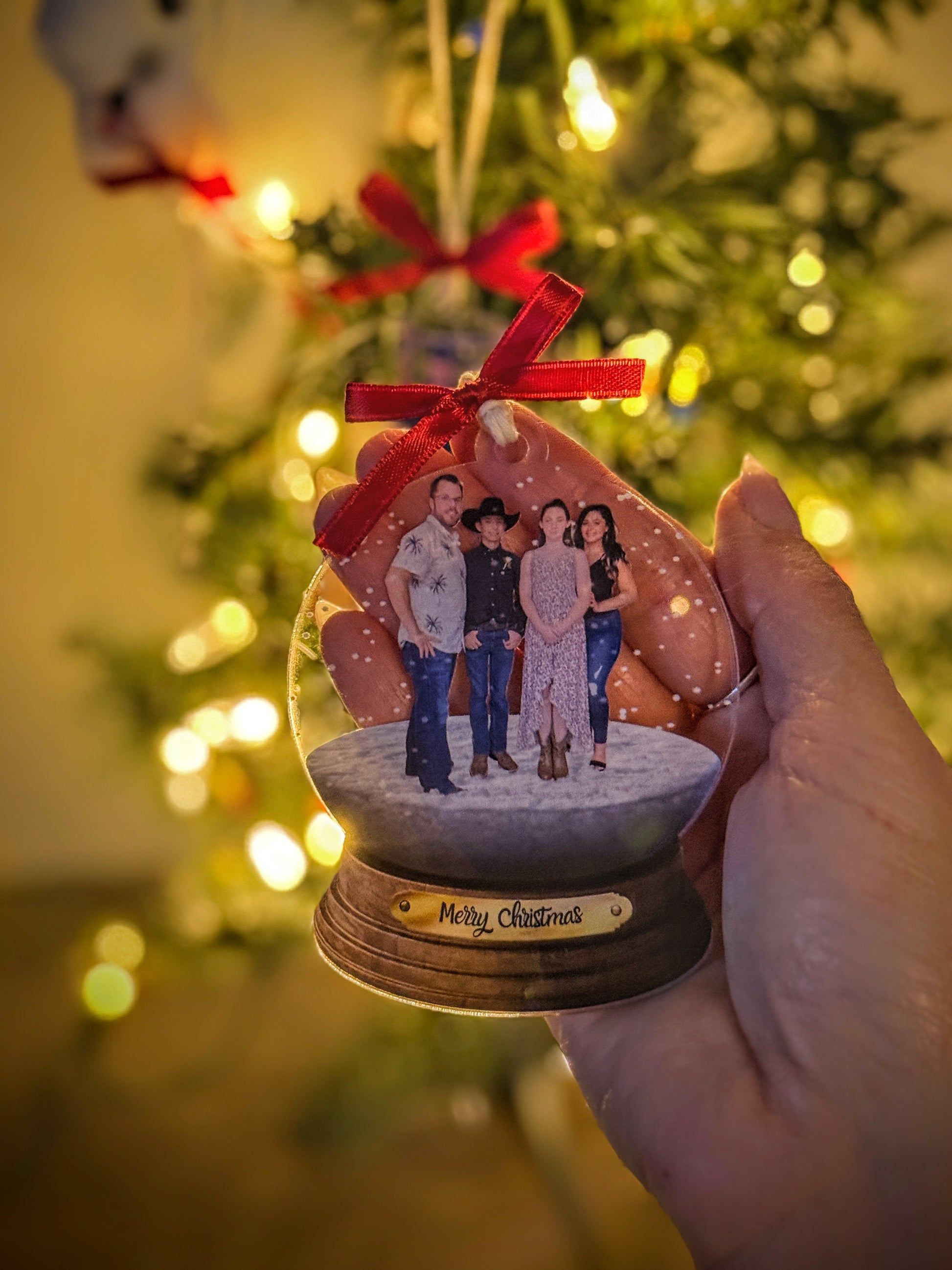 Family photo snow globe ornament keepsake example