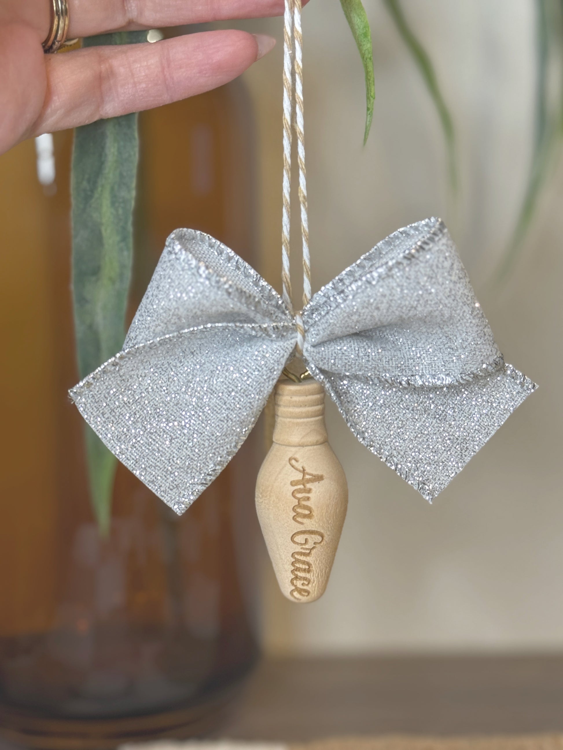 Personalized engraved wood bulb Christmas ornament