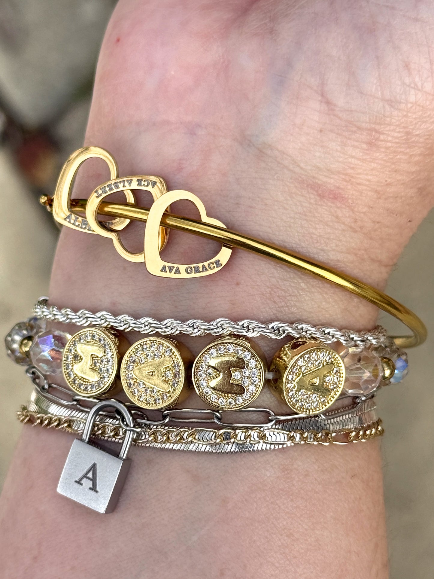 Open heart charm bangle bracelet personalized with engraving