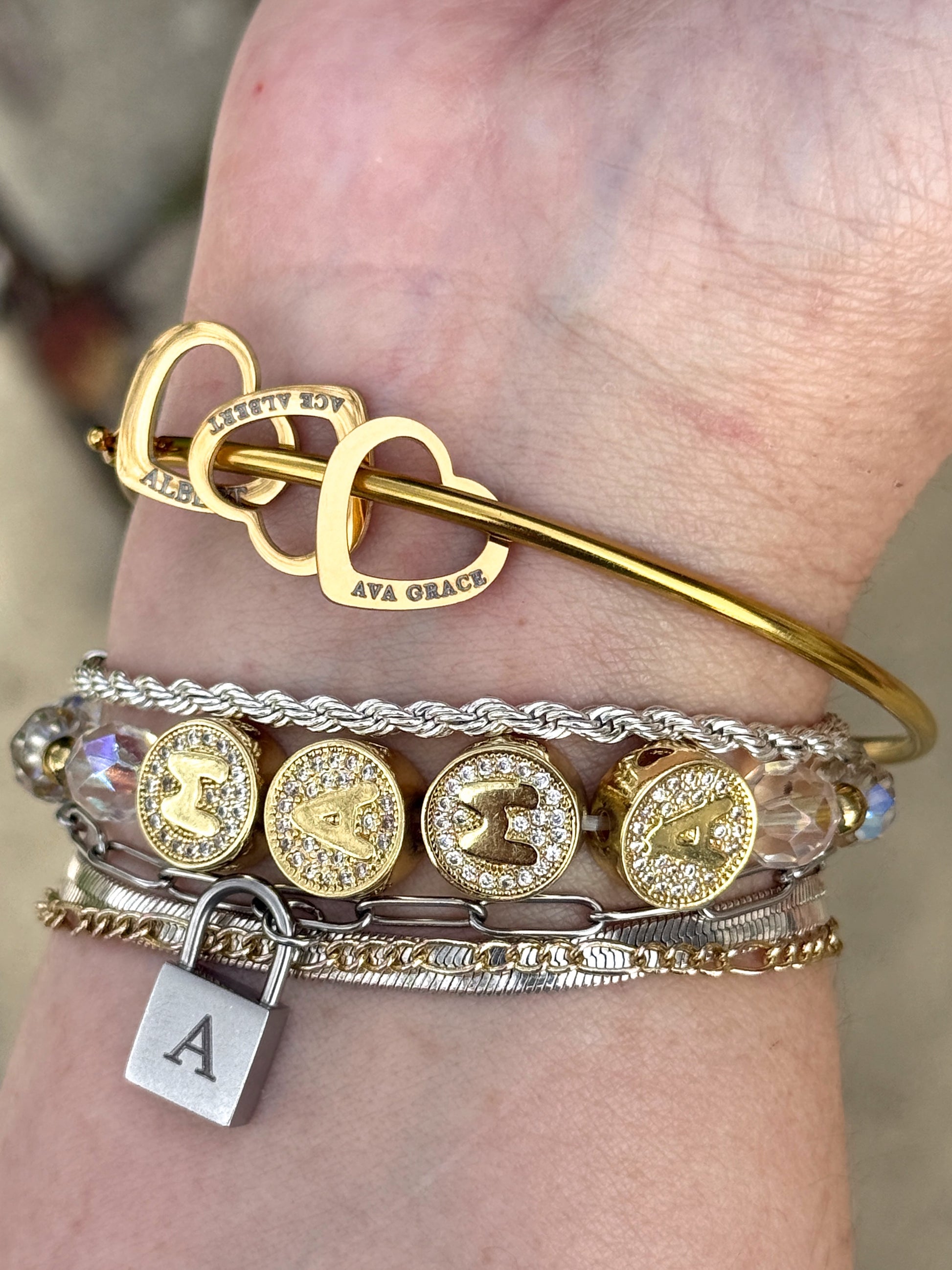 Open heart charm bangle bracelet personalized with engraving