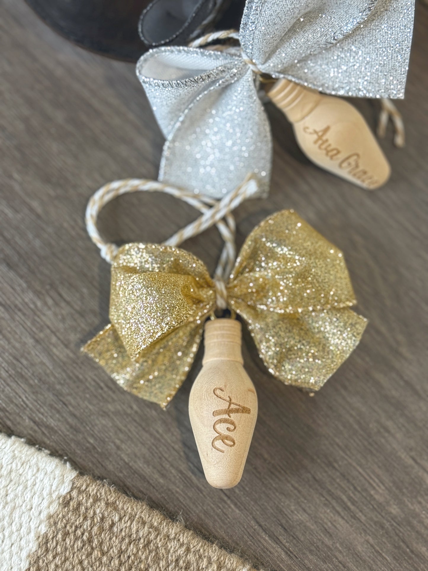Personalized wood bulb ornament with name and year