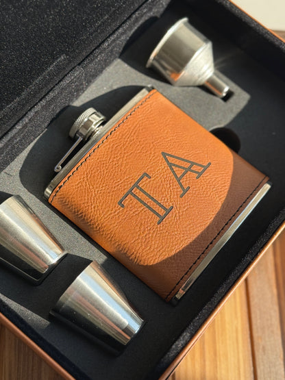 Vegan Leather Flask Gift Set | Custom Engraved Corporate Bar Gift