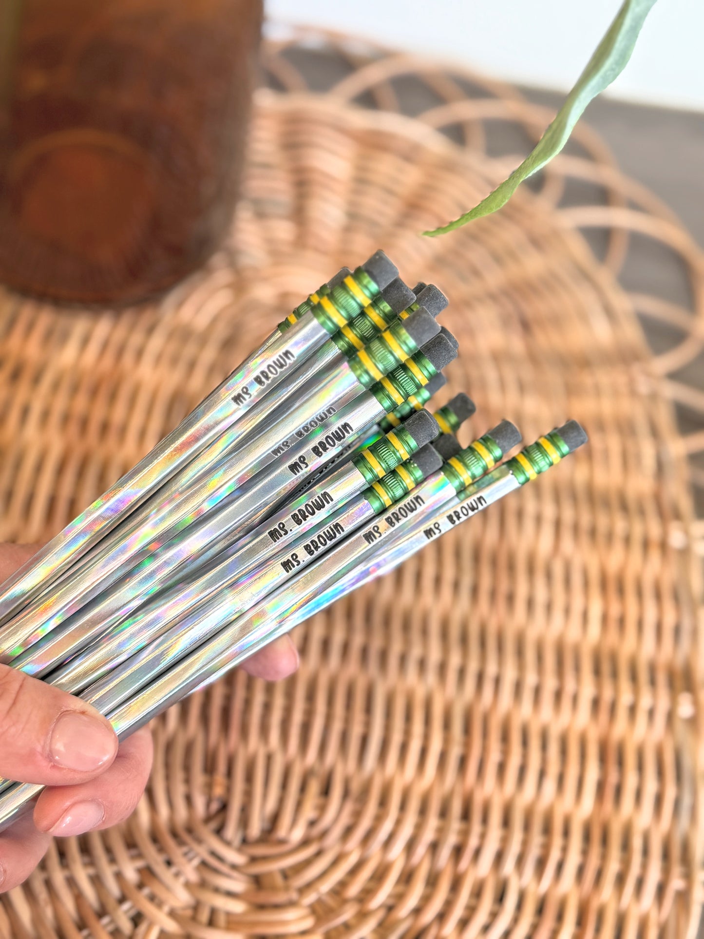 Silver holographic engraved pencils personalized with a name