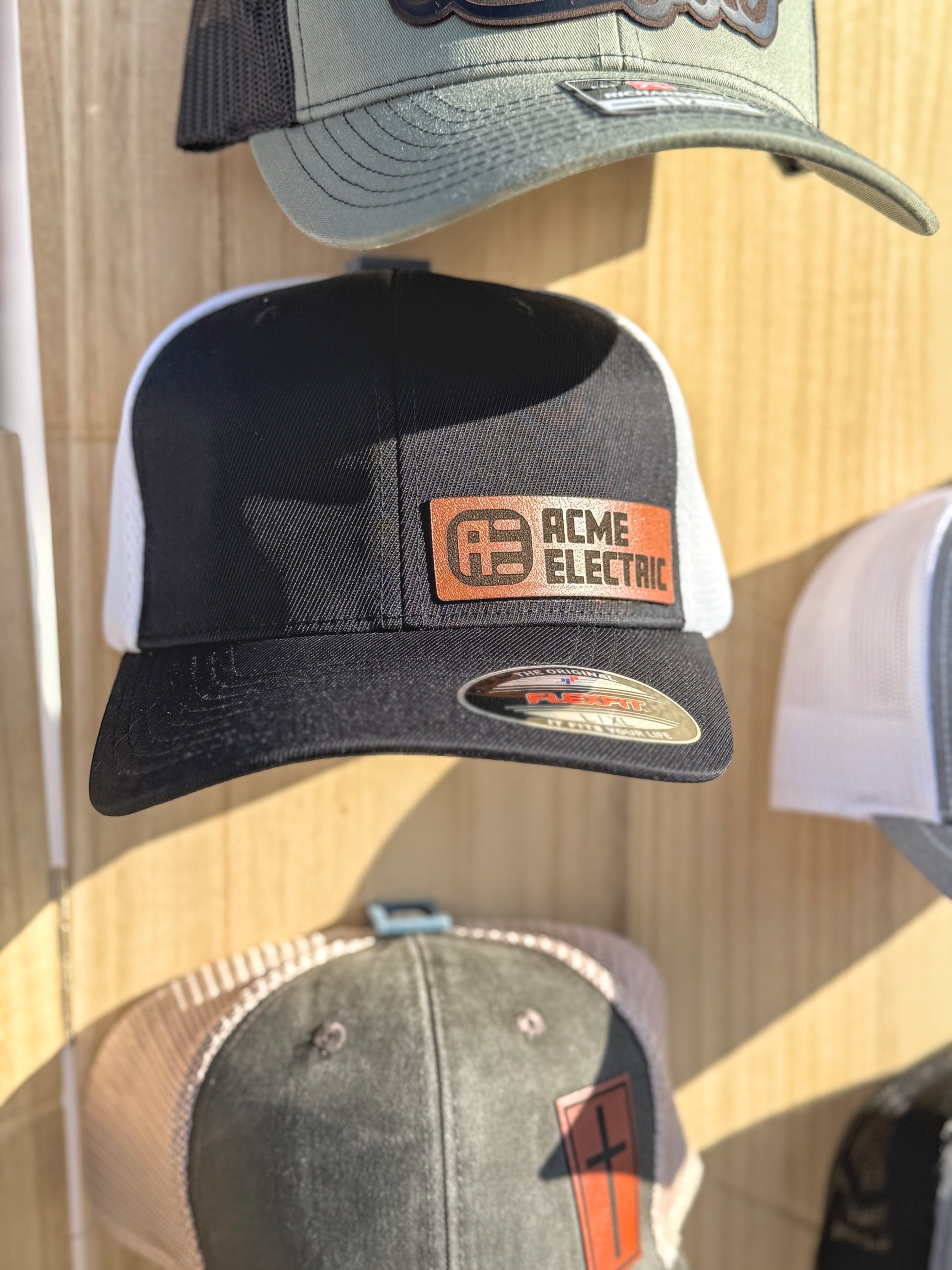 Logo patch hat — close-up of leather
