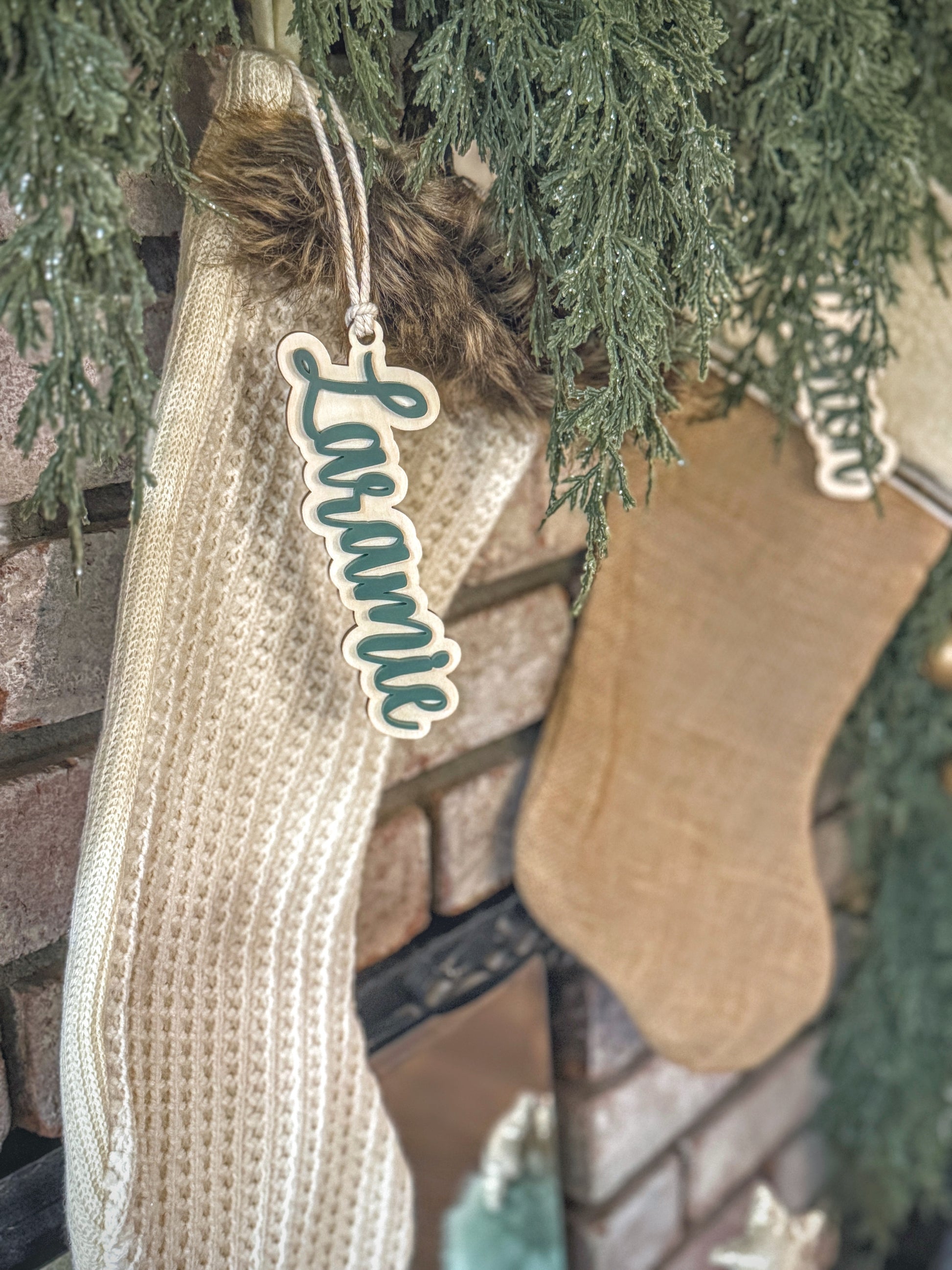 Double layer acrylic stocking tag personalized with name