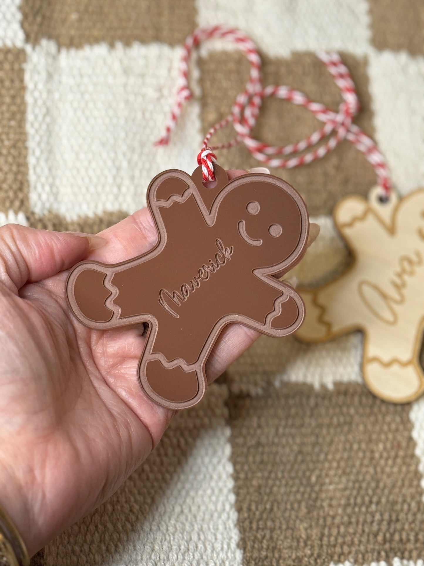 Personalized gingerbread tag tied on stocking