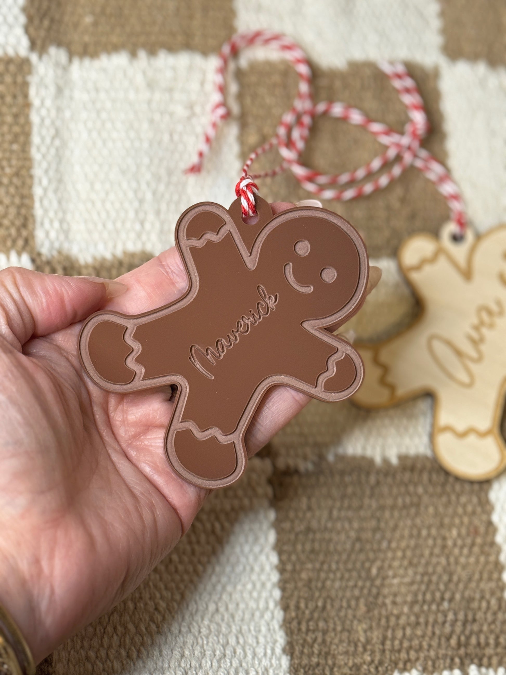 Personalized gingerbread tag tied on stocking
