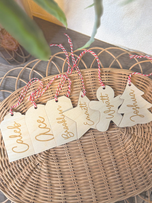 Minimalist laser-engraved wood stocking and gift tags