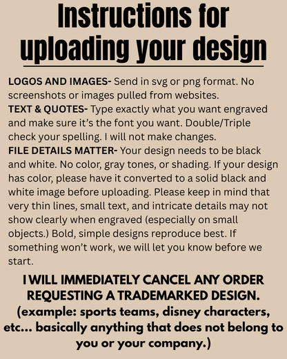 Step-by-step instructions for uploading your custom design file — wood keychain order guide from The Burn Shack