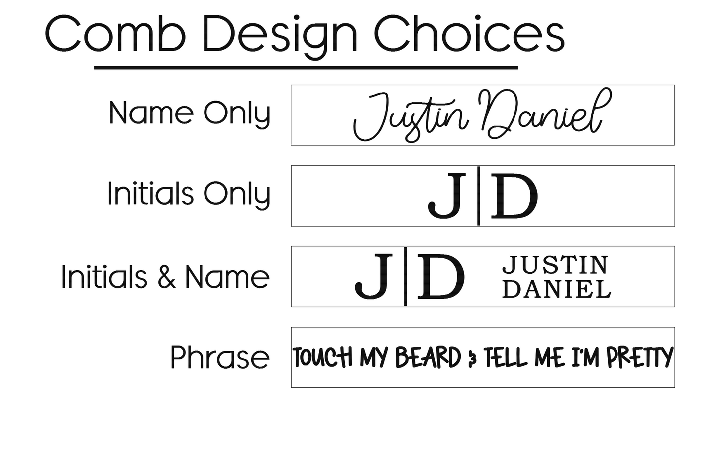 Engraving font choices for the personalized beard comb set