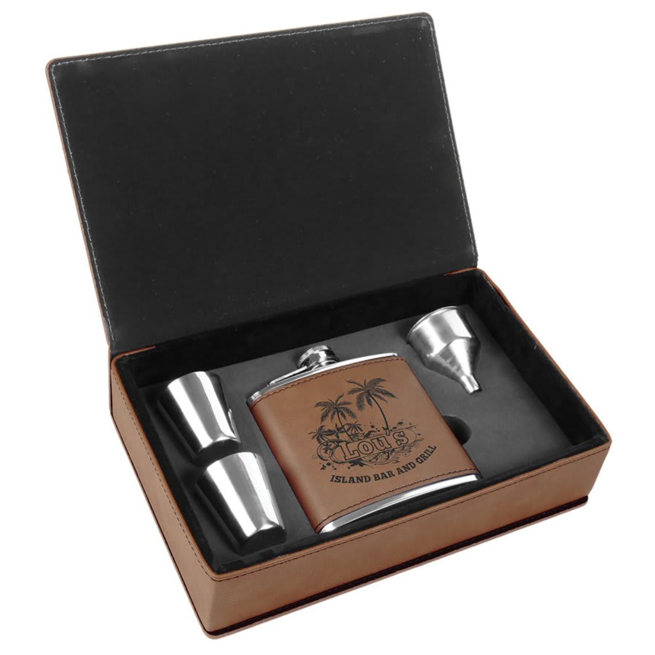Vegan Leather Flask Gift Set | Custom Engraved Corporate Bar Gift