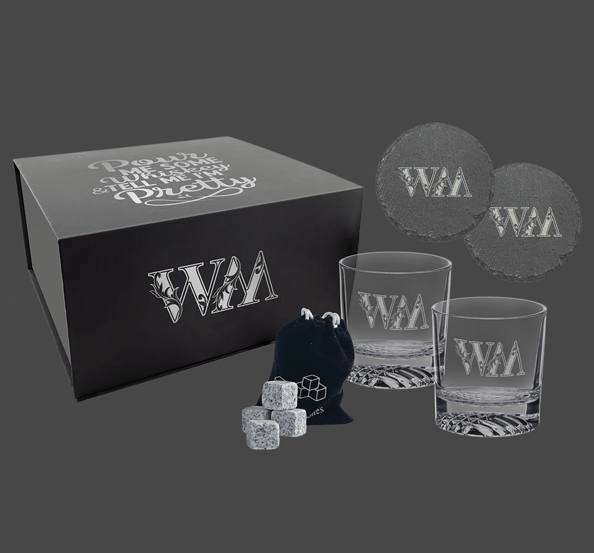 Whiskey Connoisseur's Gift Set | Custom Engraved Glasses, Stones & Slate Coasters