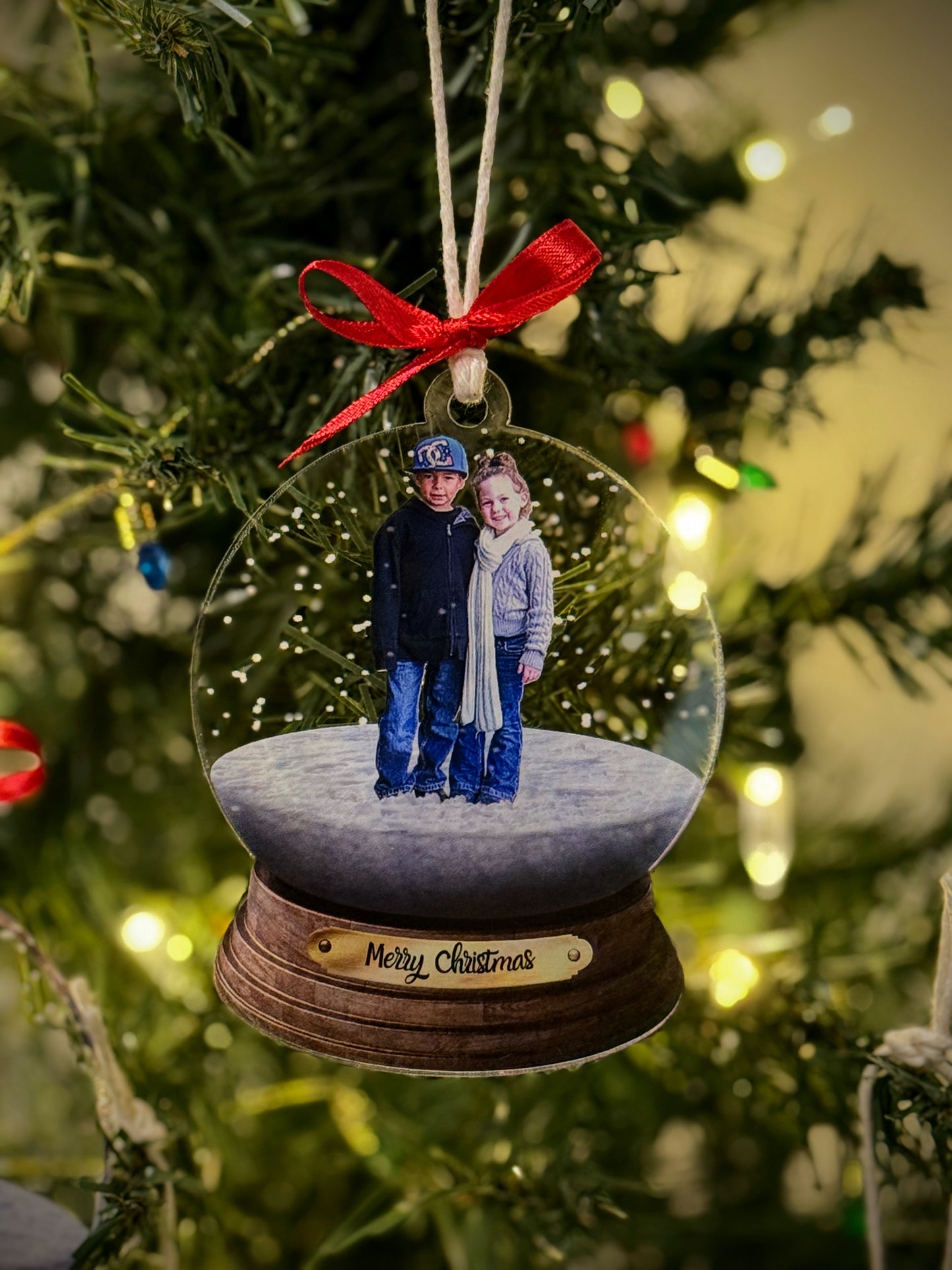Photo snow globe ornament design example — siblings