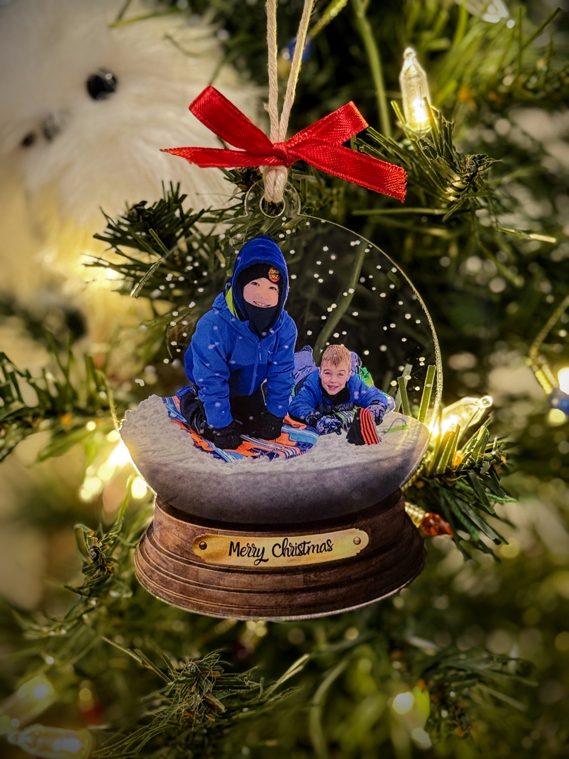Photo snow globe ornament — brothers design example