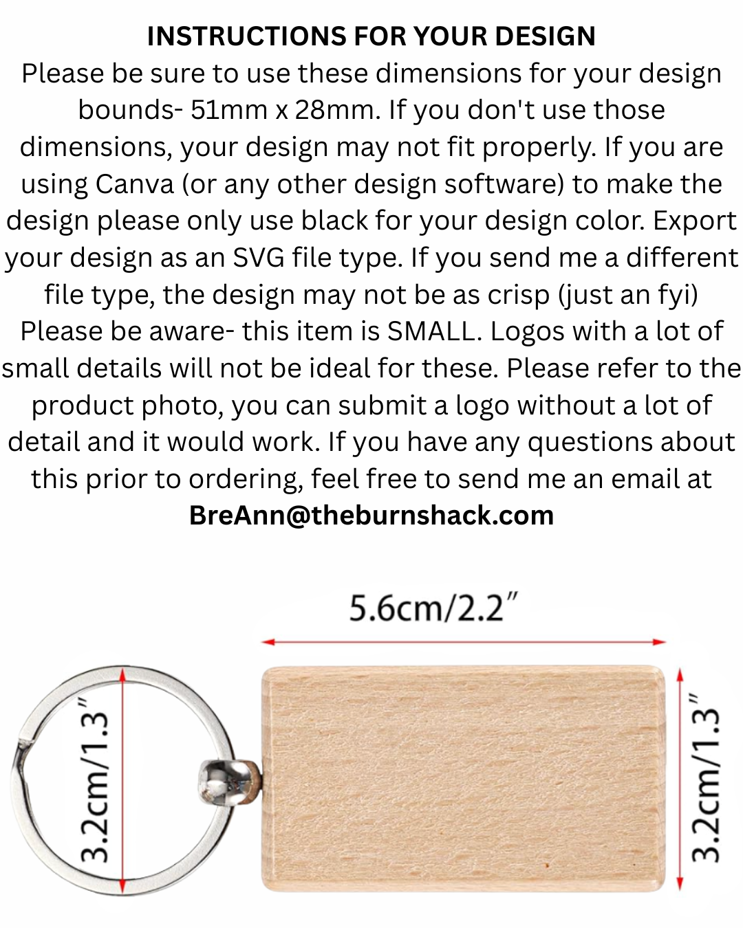 Custom wood keychain ordering instructions — design file requirements and upload guide