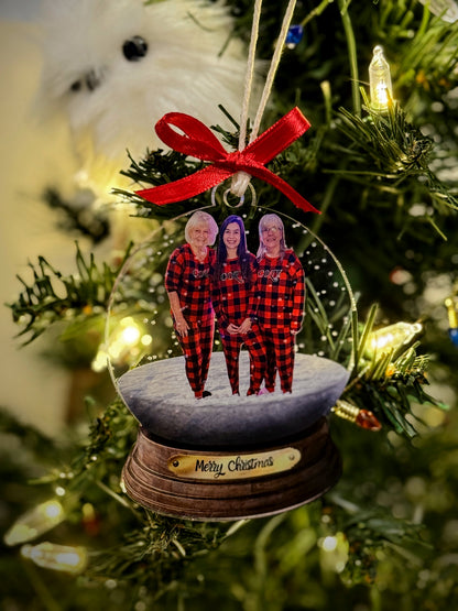 Photo snow globe ornament — mother-daughter design example