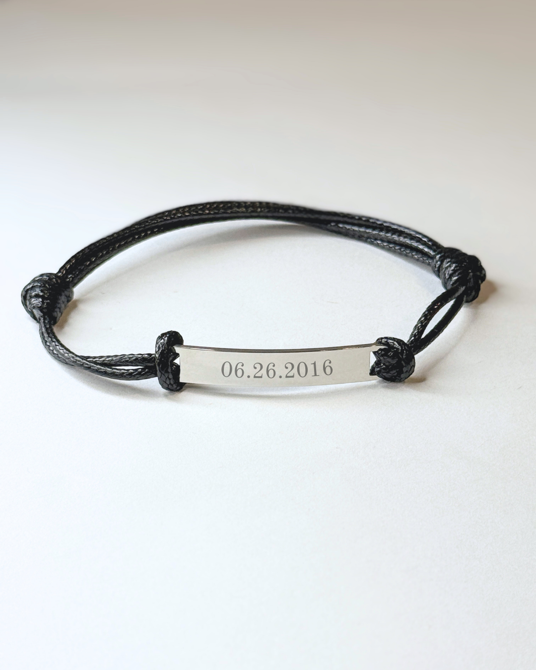 Men's personalized cord bar bracelet with custom handwriting engraving