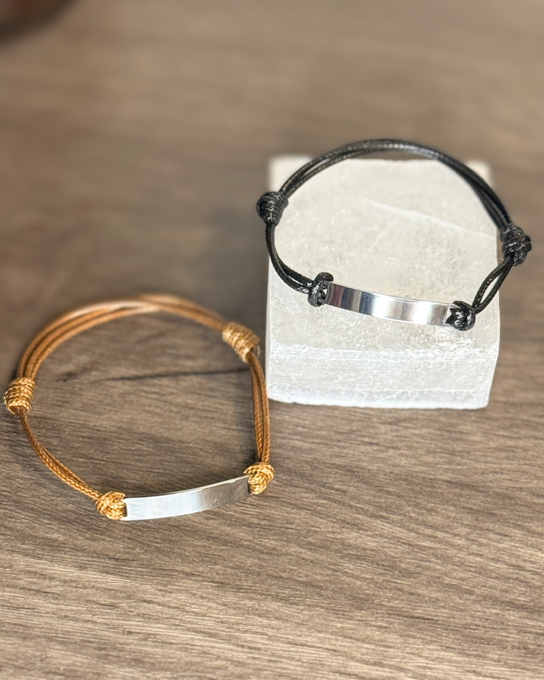 Men's sliding knot cord bar bracelet with engraved stainless steel bar - alternate view