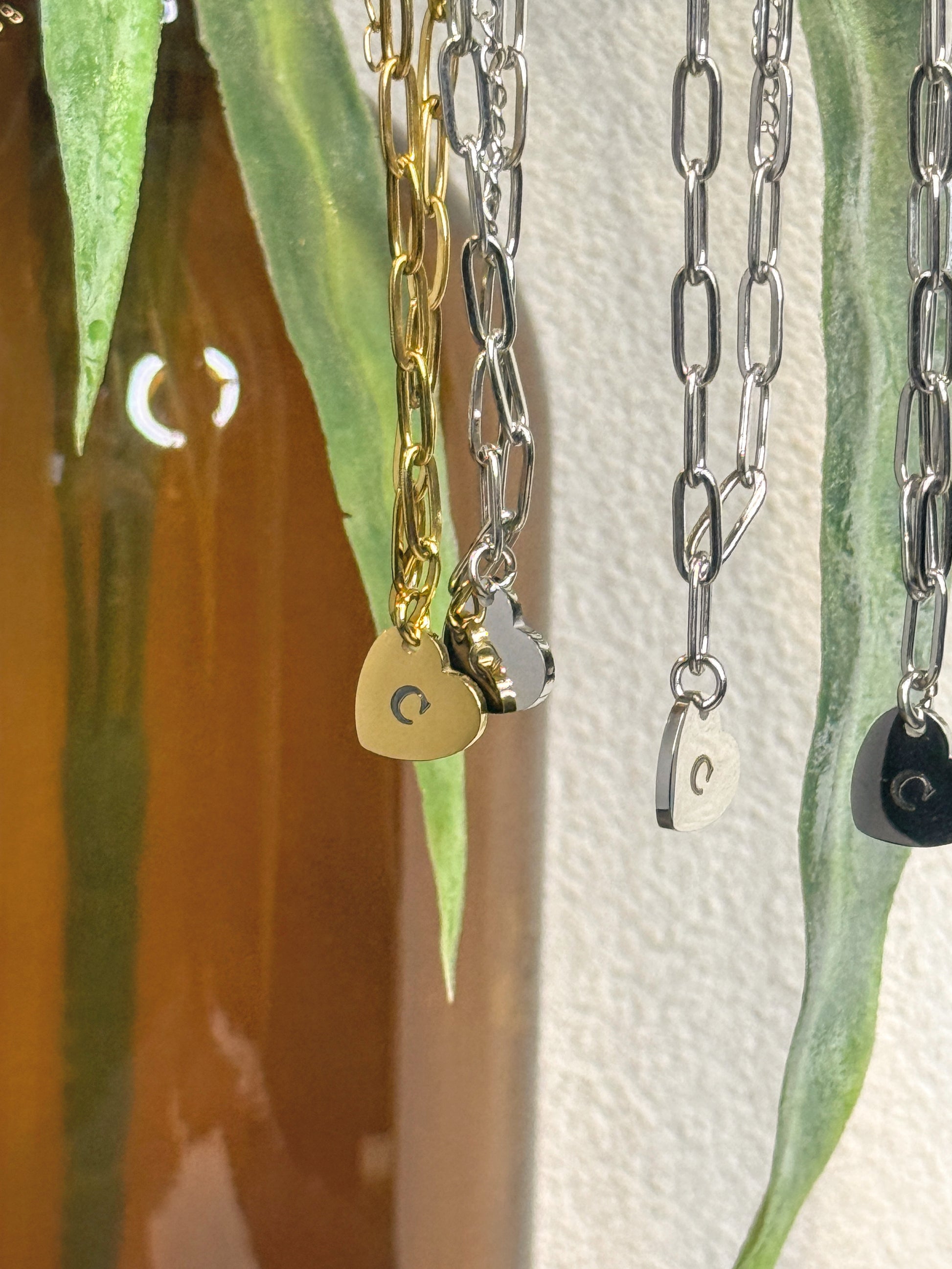 Mini heart paperclip chain bracelet with engraved initial charm