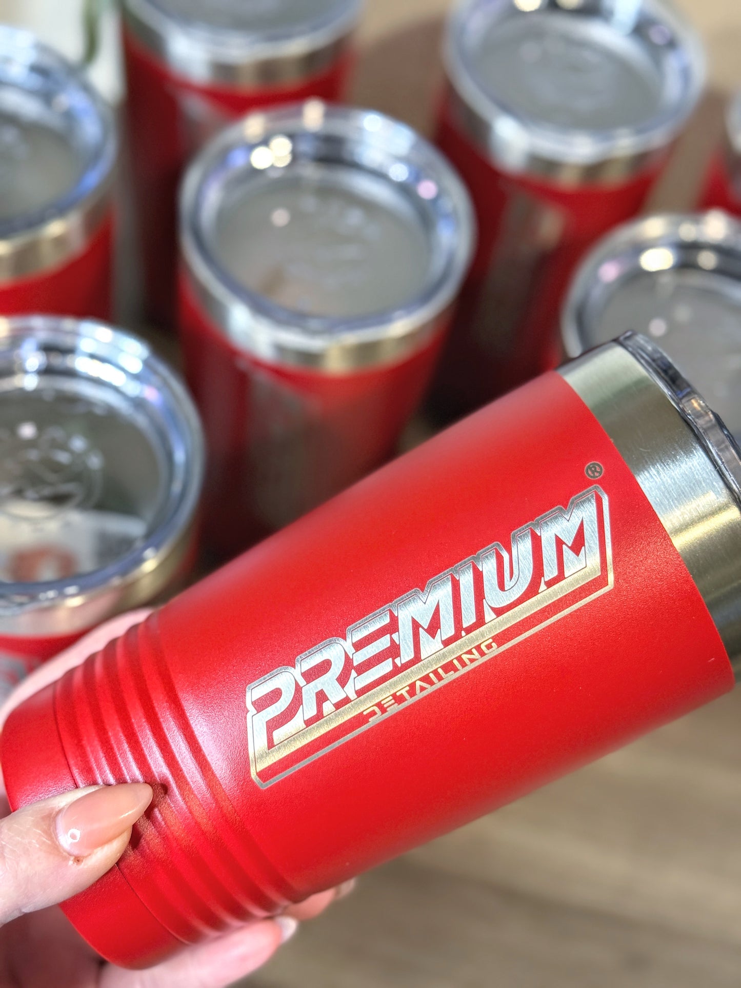 Premium powder-coated bulk tumbler with engraved logo
